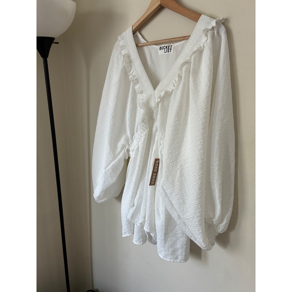 Bucket List White Ruffled Solid Woven Romper Boho Cottagecore V-Neck M